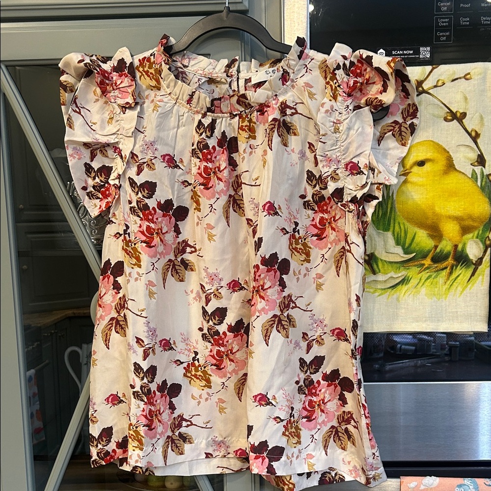 Sea New York Silk Roses Blouse with Flutter Sleeves Small